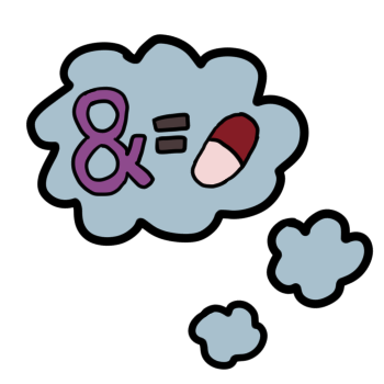 A thought bubble showing an ampersand, followed by an equals sign, and ending with a red and white pill.